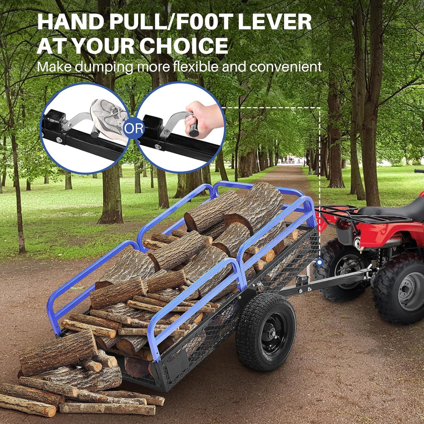 Heavy Duty Steel ATV Dump Trailer, 1500-Pound Load Capacity, Tow Behind Dump Cart Garden Trailer, with Removable Sides and 2 Tires, for Mowers, Tractors, ATV, UTV