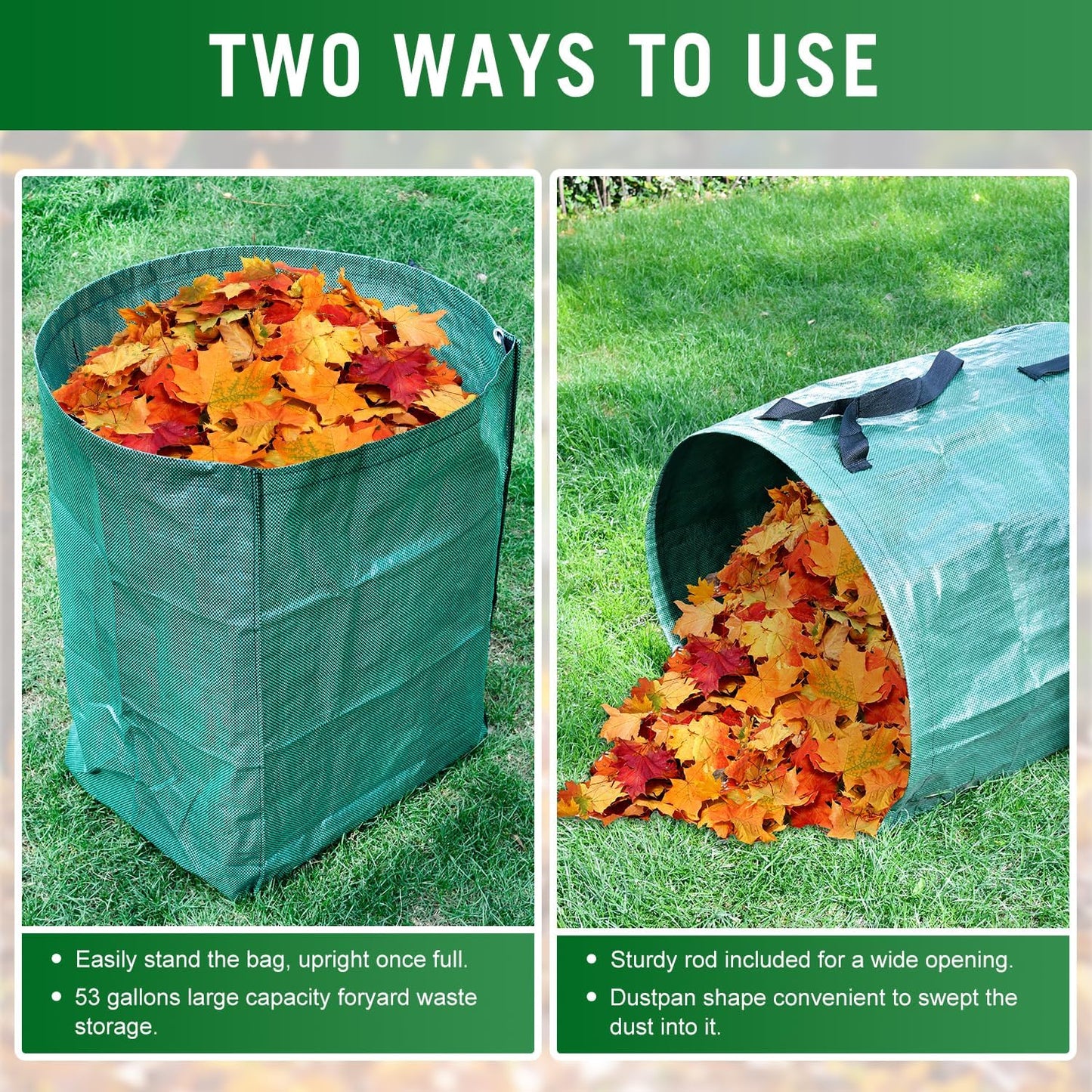 CAMPFIRE 2 Pack 53 Gallon Reusable Yard Waste Bags, Collapsible Dustpan-Type Garden Leaf Bags For Lawn Debris,Leaf Collector,Lawn And Leaf Trash Bags