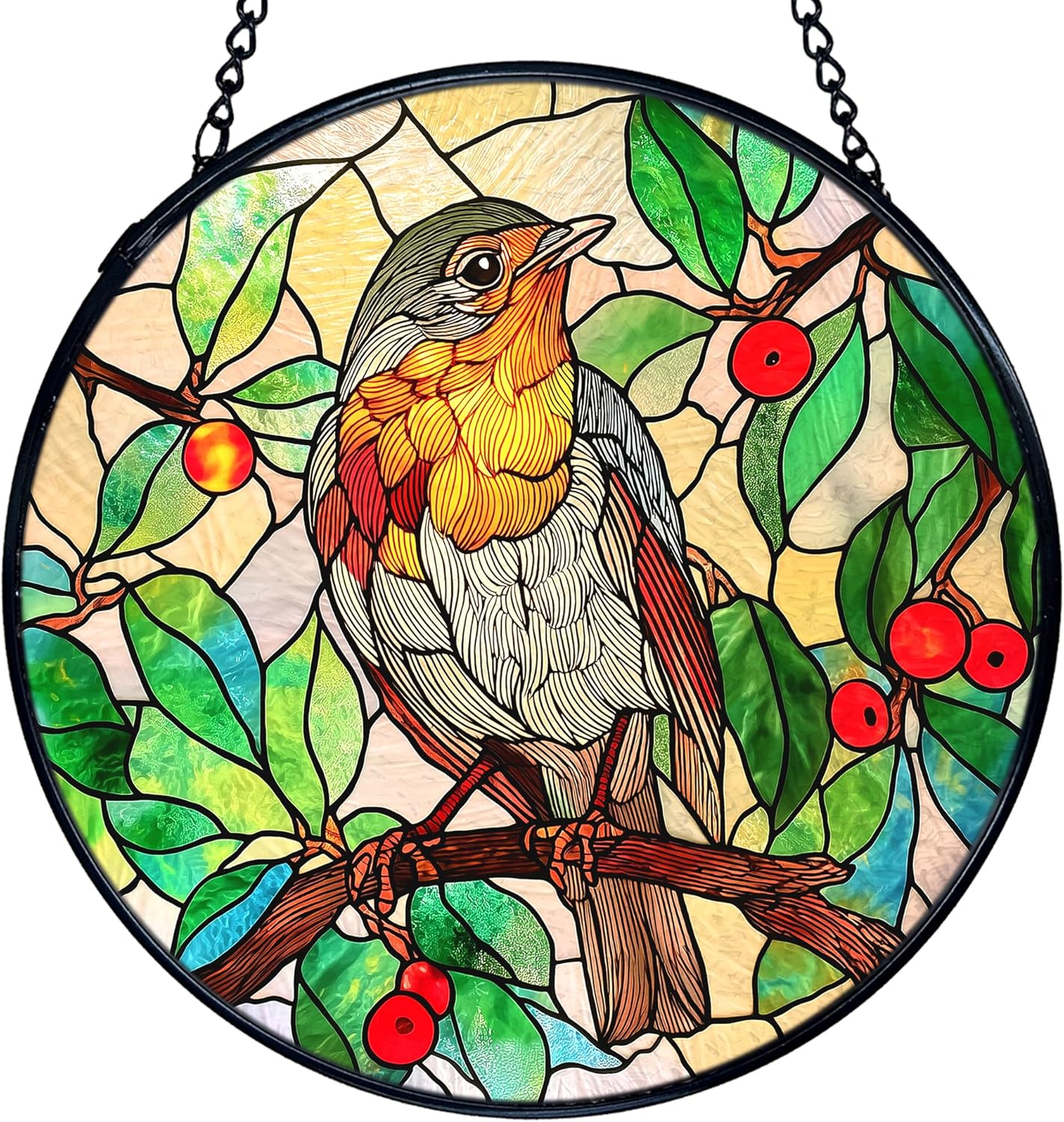 TNUW Bird Stained Glass Window Hanging, Bird Botanical Sun Catchers Indoor Window Glass Round Wall Art Decor, Birds Lover Gifts Wall Hanging Decorations, 7.9＂x7.9＂