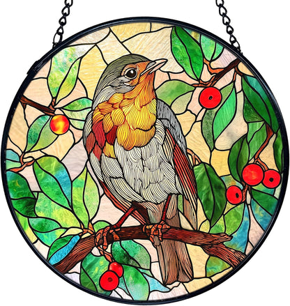 TNUW Bird Stained Glass Window Hanging, Bird Botanical Sun Catchers Indoor Window Glass Round Wall Art Decor, Birds Lover Gifts Wall Hanging Decorations, 7.9＂x7.9＂