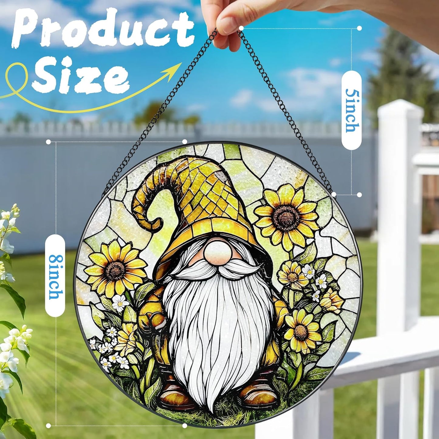 8″ Stained Glass Window Hanging Ornament, Sunflower Gnome Stained Glass Suncatcher Ornament, Sun-Catcher Window Decor | Christmas & Birthday Gifts, Festival Gifts | Gift for Her