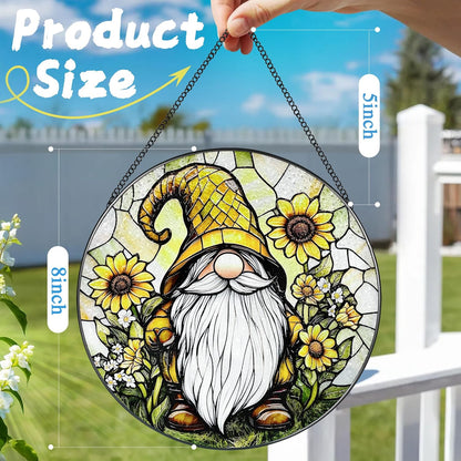 8″ Stained Glass Window Hanging Ornament, Sunflower Gnome Stained Glass Suncatcher Ornament, Sun-Catcher Window Decor | Christmas & Birthday Gifts, Festival Gifts | Gift for Her