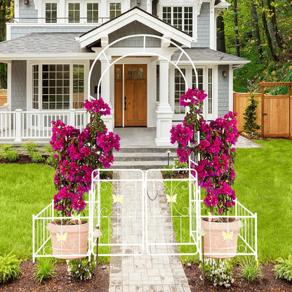 Metal Garden Arbor Arch with Gate and Plant Box, 86.6" H Heavy Duty Garden Trellis with Butterfly Decor for Outdoor Climbing Plants Support, Cream White