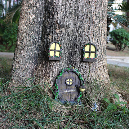 Fairy Door and Windows Garden Kit Accessories Outdoor, Glow in Dark Gnome House for Tree, Lawn Yard Art Sculpture, Miniature Garden Decor (Gnome)