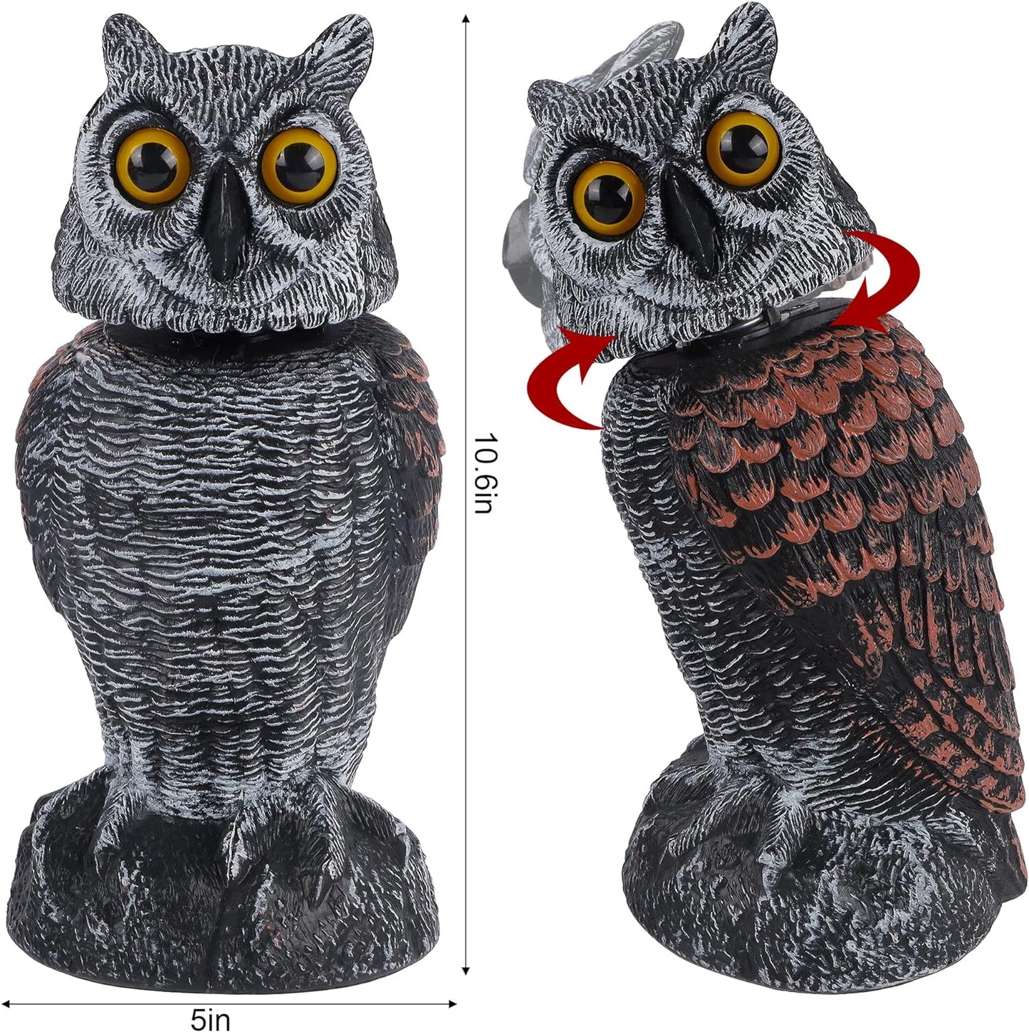 Hausse 2 Pack Bird Scarecrow Fake Owl Decoy Sculpture, Rotating Head Plastic Owl Bird Deterrents, 10.6 Inch Height Nature Enemy Horned Pest Repellent for Outdoor Garden Yard