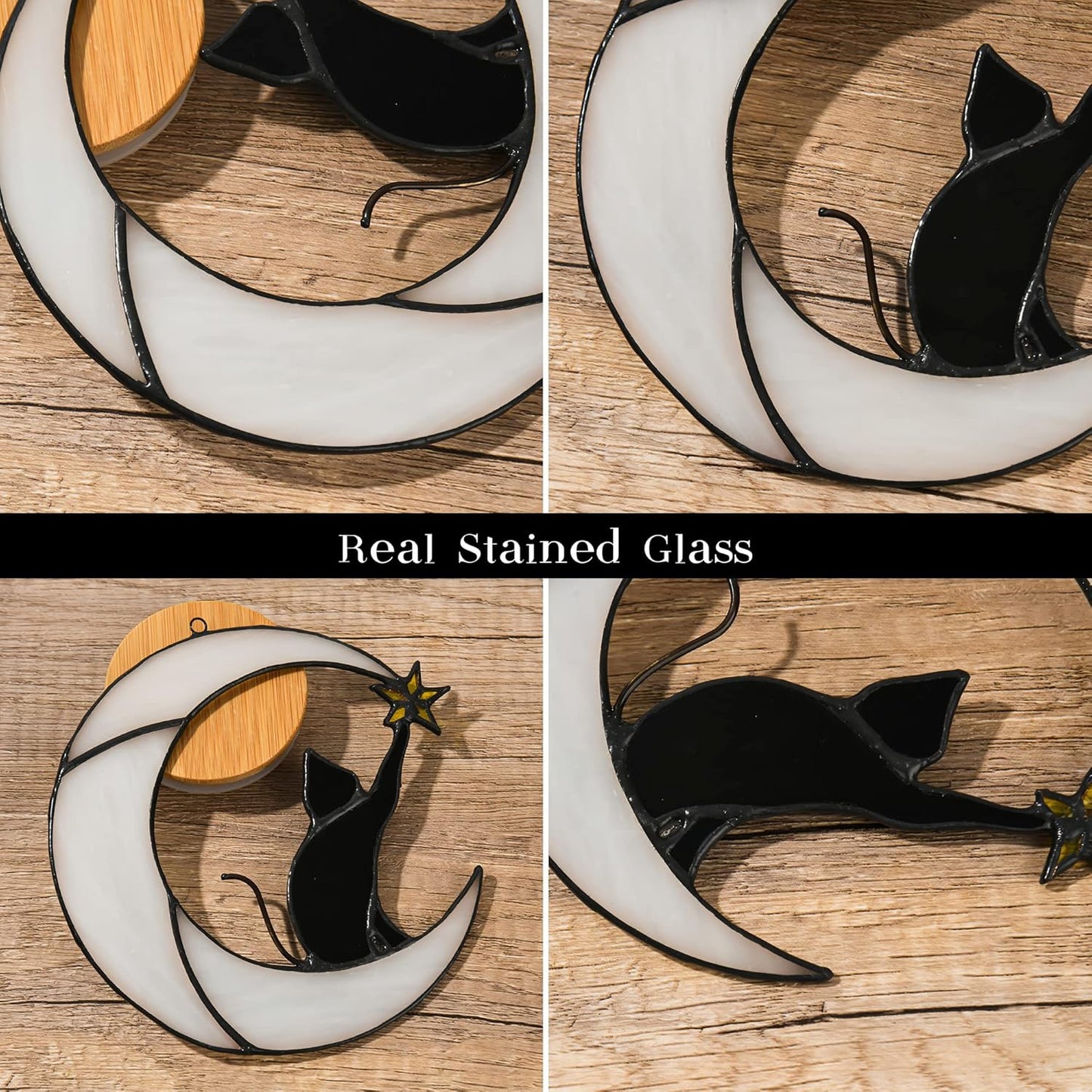 Stained Glass Cat on Moon Pick Star Window Hanging Suncatchers Memorial Gift Decor for Women (Black Cat on White Moon)
