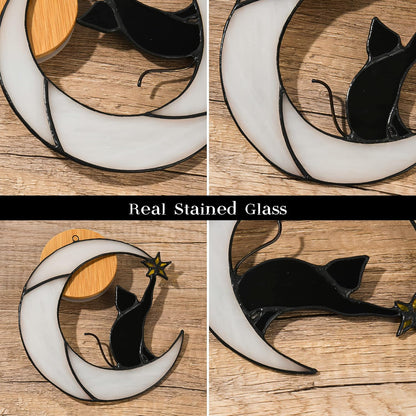 Stained Glass Cat on Moon Pick Star Window Hanging Suncatchers Memorial Gift Decor for Women (Black Cat on White Moon)