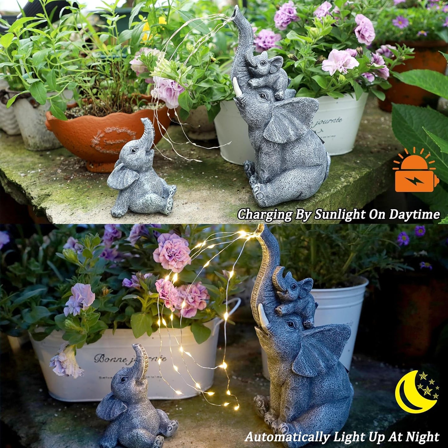 FORUP Garden Elephant Statue, Solar Elephant Statues for Garden Decor, Elephant Figurine with Solar Watering Lights, Elephant Outdoor Sculptures for Outside Porch Patio Balcony Front Yard