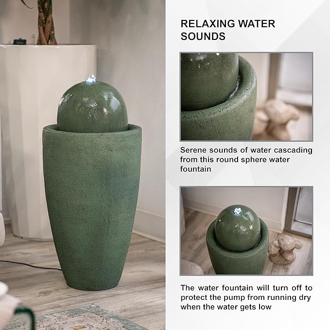 XBrand 25.98" H Round Stone Indoor/Outdoor Modern Stone Textured Sphere Water Fountain w/LED Lights, Ball Fountain Decor, Green