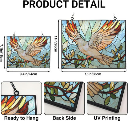 Rectangle Art Nouveau Dove and Olive Suncatchers for Windows, Stained Glass Window Hangings,Hand-Painted Glass Panel Perfect for Home Décor