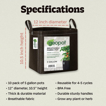 GeoPot 5 Gallon Fabric Grow Bags with Handles for Vegetables, Houseplants, Herbs & Flowers | 10-Pack | Fabric Pots for Outdoors and Indoors, Aerated Fabric Grow Bags