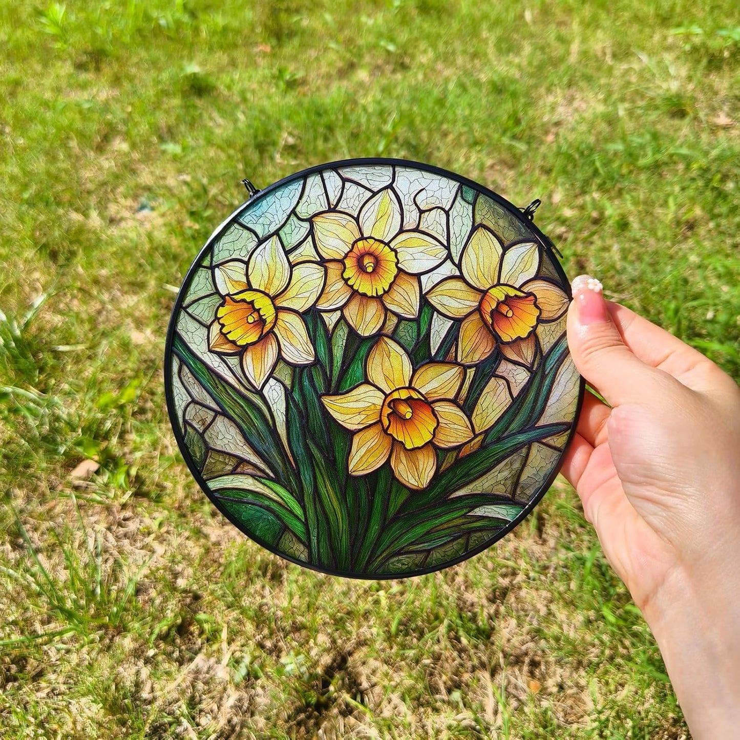 Stained Glass Window Hanging, Daffodil Flower Diamond Glass Panel Suncatcher Plant Sun Catchers for Home Garden Balcony Window Wall Decor, Gifts for Women,Mom (9.8 Inch)