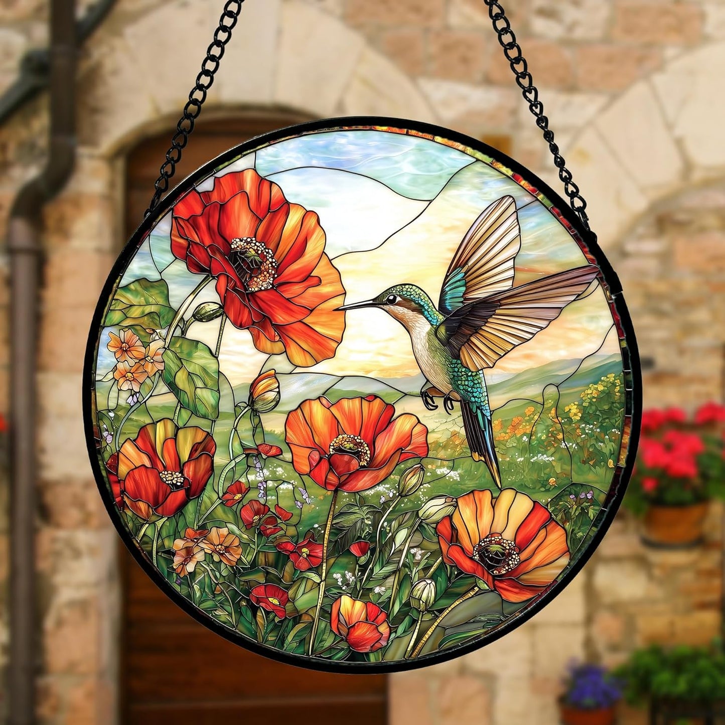 Stained Glass Window Hanging, Hummingbirds Orange Flowers Suncatcher Diamond Glass Panel Hangings Sun Catchers Decor for Birthday for Women, Men, Wife, Aunt, and Mom 6.3 in