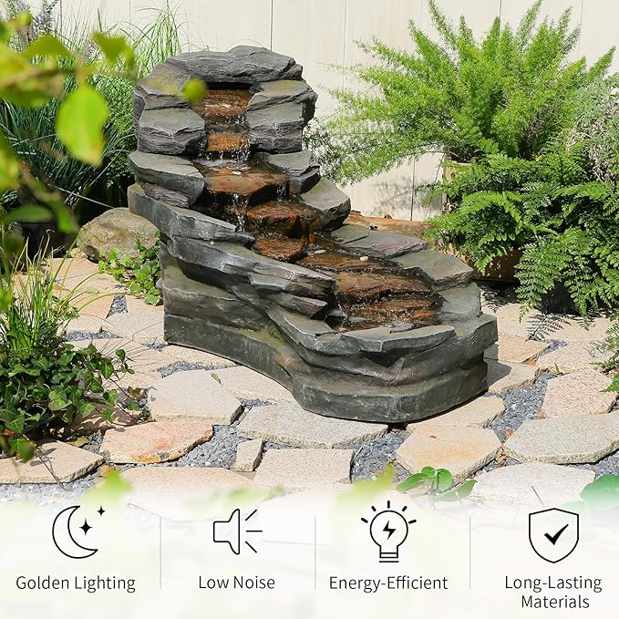 49" L Water Fountain Outdoor 5-Tiers Rock Natural Waterfall Fountains Floor Standing Water Features with LED Lights for Garden, Patio, Porch, Home Art Decor