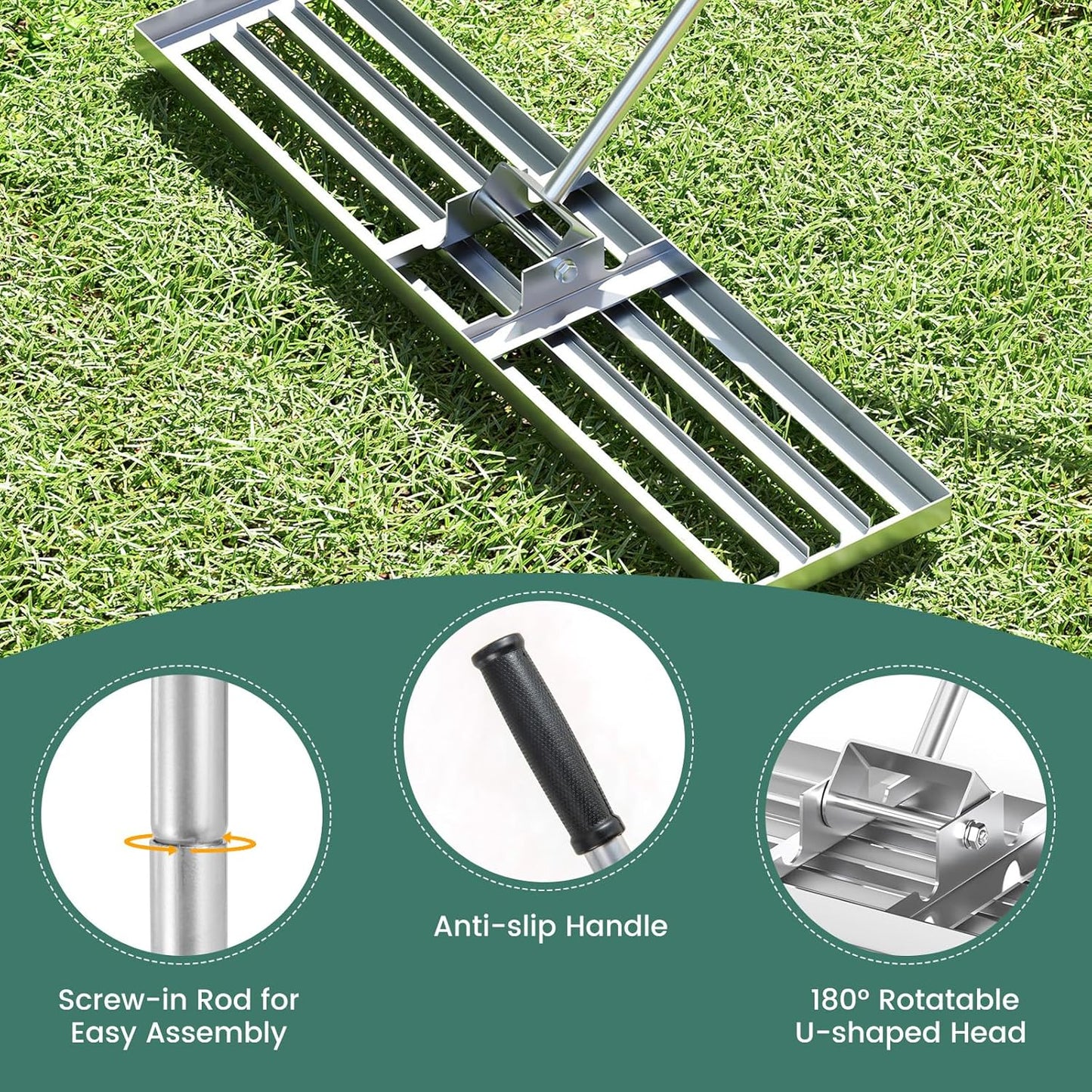 Goplus Lawn Leveling Rake, 42" x 10" Heavy Duty Level Lawn Tool w/ Ergonomic Handle for Soil, Effort-Saving Landscape Rake for Garden, Backyard, Golf Course, Farm, Pasture, Silver