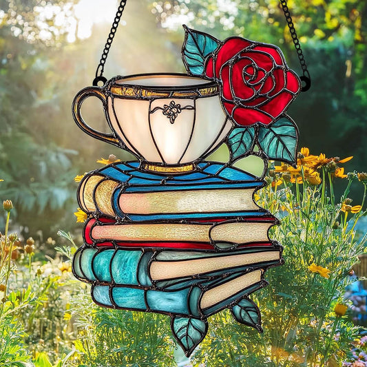 Teacup Books Bookish Acrylic Suncatcher Stained Glass Effect Window Car Hanging Christmas Ornament