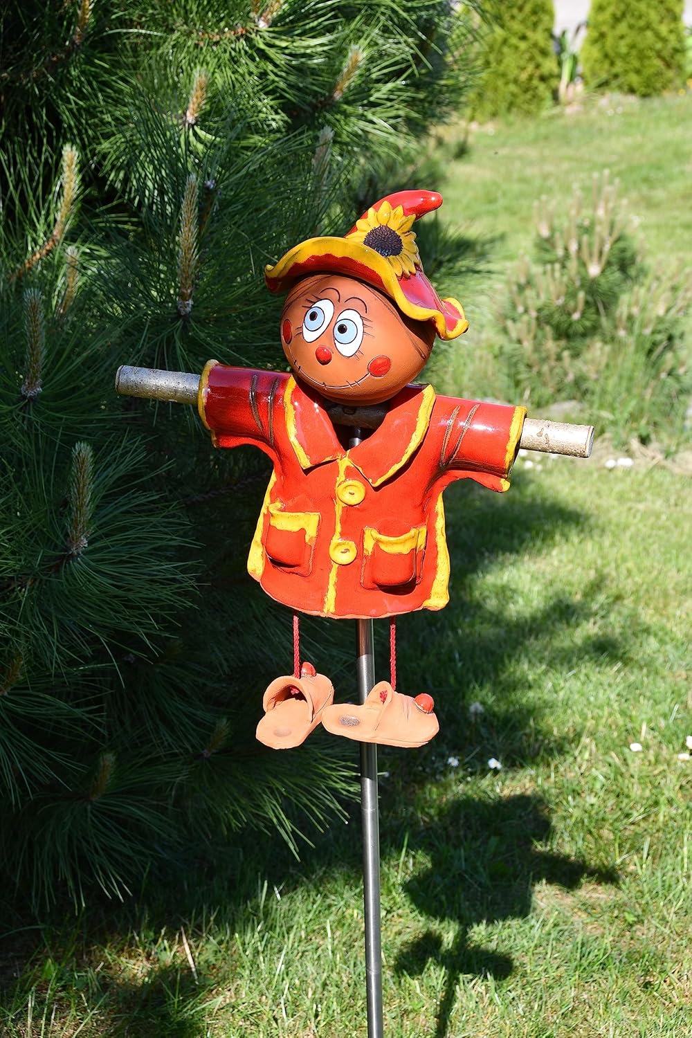 Ceramic Garden Decor - Scarecrow Lawn stake, red - Outdoor statue - Perfect, unique gifts for gardeners woman, men, yard gifts - Handmade, Frostproof