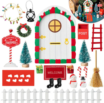 Haooryx Christmas Elf Garden Miniatures - 22Pcs Christmas Magic Fairy Doors Decoration Kit Wooden Miniature Fairy Doors Xmas Elf Magic Door Wall Fairies Xmas Winter Xmas New Year Decor(White Door)
