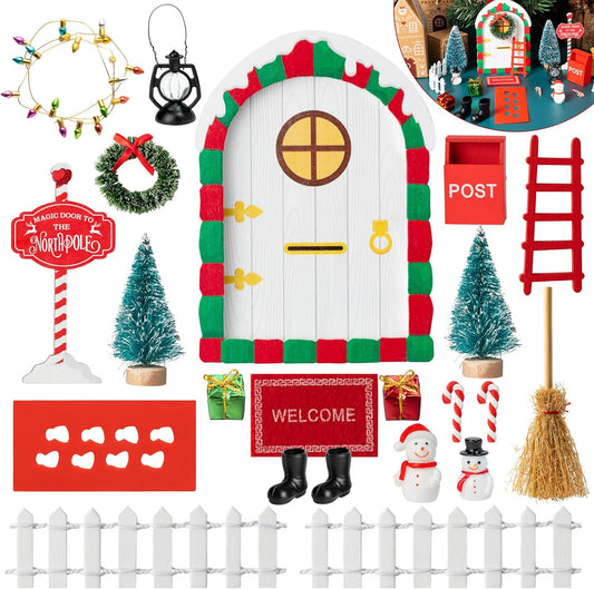 Haooryx Christmas Elf Garden Miniatures - 22Pcs Christmas Magic Fairy Doors Decoration Kit Wooden Miniature Fairy Doors Xmas Elf Magic Door Wall Fairies Xmas Winter Xmas New Year Decor(White Door)