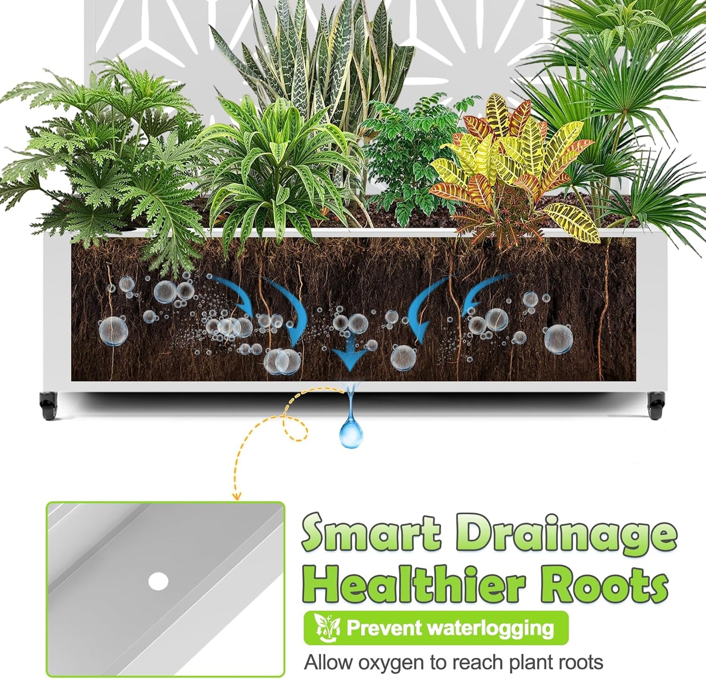 15.7"×70.9"×47.2" Metal Raised Garden Bed with Trellis and Wheels - Tall Trellis Planter Box for Climbing Plants, Vegetables & Vines - Outdoor Privacy Planters for Patio (White-Star)