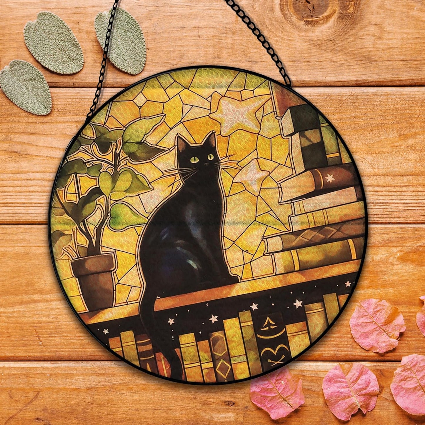 Black Cat Suncatcher Stained Glass Window Hanging, Cat Book Lovers Sun Catchers Indoor Window Glass Round Wall Decor, Book Lovers Gifts Wall Art Hanging Decorations, 7.8＂x7.8＂