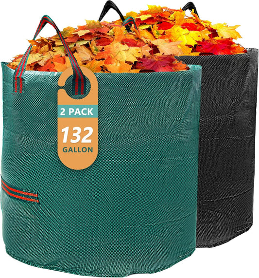 2 Pack 132 Gallon Reusable Yard Waste Bags (Green + Black), Durable Lawn and Leaf Bags with Reinforced Handles, Jumbo Collapsible Garden Bags for Yard Cleanup, Landscaping & Storage