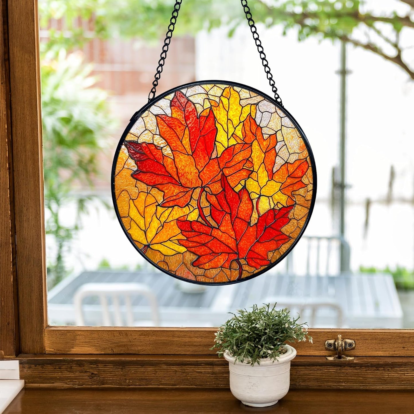 TNUW Fall Leaf Stained Glass Window Hanging, Rustic Autumn Maple Leaves Sun Catchers Indoor Window Glass Round Wall Art Decor, Fall Autumn Wall Hanging Decorations, 7.9＂x7.9＂