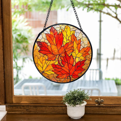 TNUW Fall Leaf Stained Glass Window Hanging, Rustic Autumn Maple Leaves Sun Catchers Indoor Window Glass Round Wall Art Decor, Fall Autumn Wall Hanging Decorations, 7.9＂x7.9＂