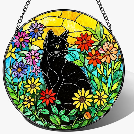 Black Cat Stained Glass Window Hanging, 8 Inch Sun Catchers Indoor Window, Suncatchers for Windows
