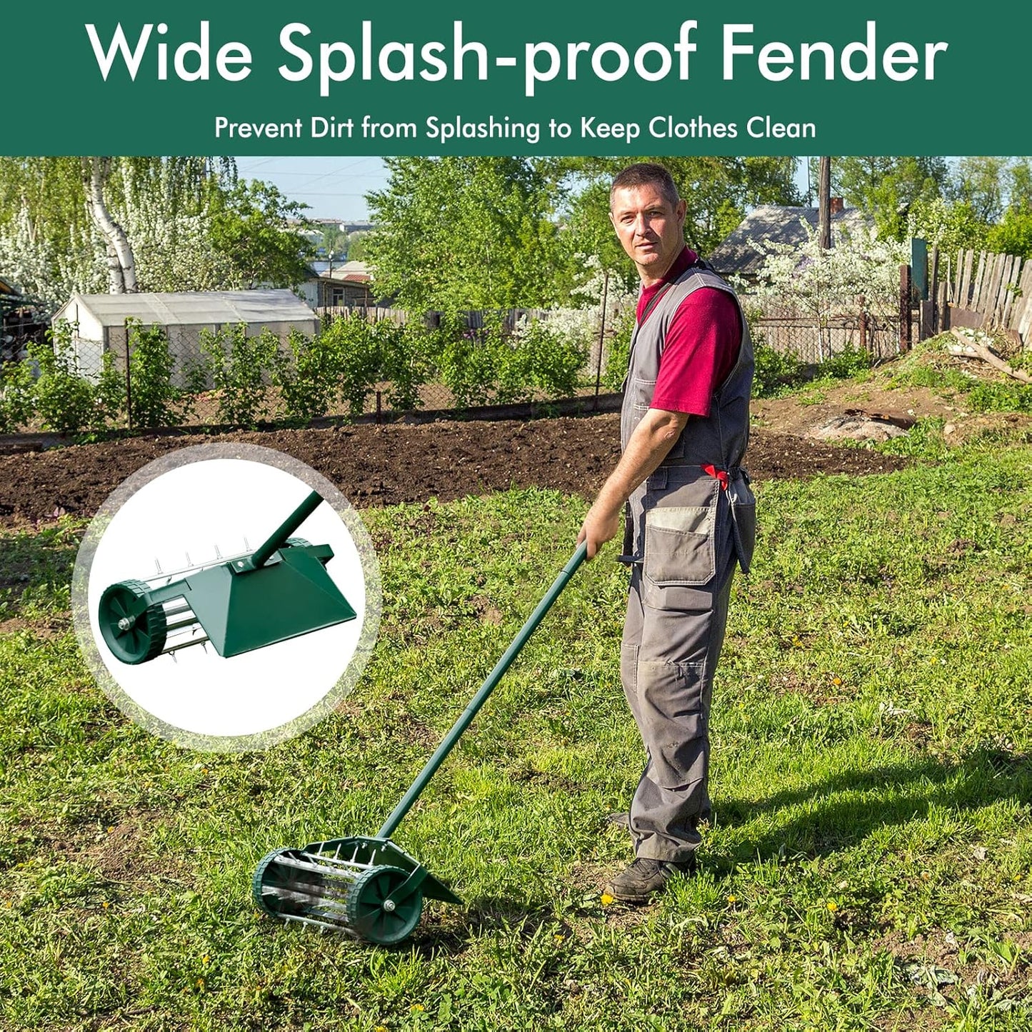 S AFSTAR Rolling Lawn Aerator with Fender, 18-Inch Hand-Push Lawn Aerator Roller W/50-Inch Anti-Slip Handle & Tine Spikes, Heavy-Duty Spike Soil Aeration Tool, Manual Lawn Aerator for Dirt Sand Clay