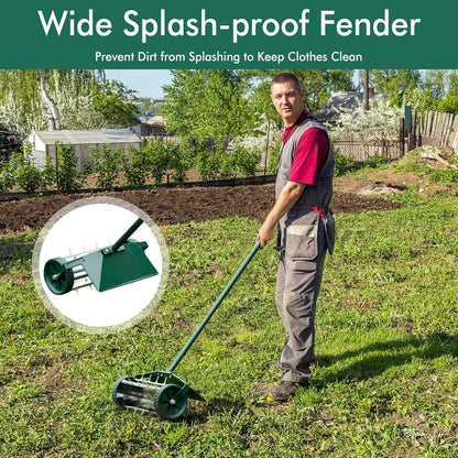 S AFSTAR Rolling Lawn Aerator with Fender, 18-Inch Hand-Push Lawn Aerator Roller W/50-Inch Anti-Slip Handle & Tine Spikes, Heavy-Duty Spike Soil Aeration Tool, Manual Lawn Aerator for Dirt Sand Clay