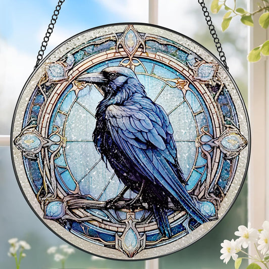 8 Inch Stained Glass Suncatcher Ornament, DOUHASU Crow Sun Catchers Indoor Window, Stained Glass