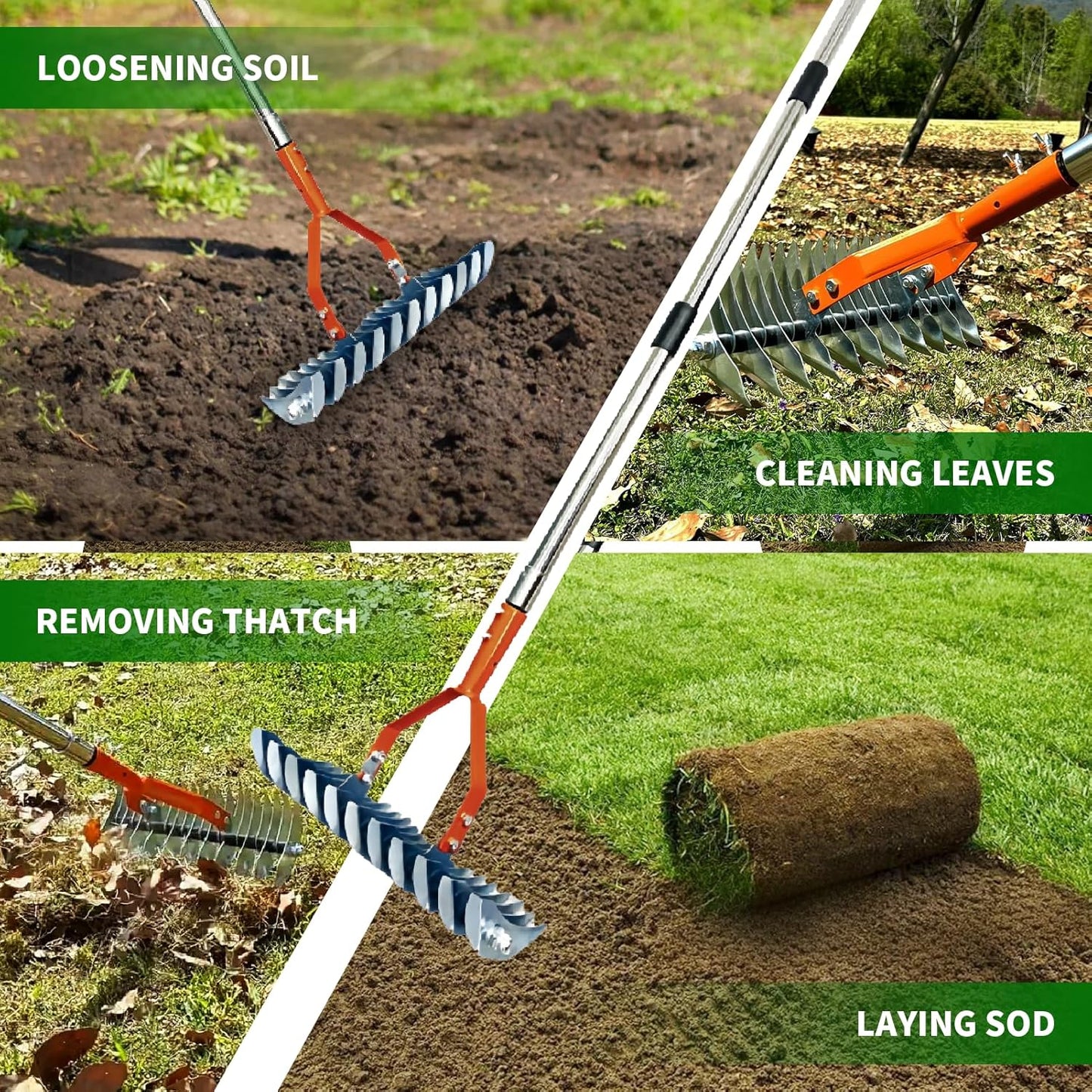 Thatch Rake,14" Wide 21-Tines Sturdy Garden Dethatcher Rake,Heavy Duty Ergonomic Adjustable Stainless Steel Handle;Durable Versatile Head for Removing Dead Grass and Leaves Clippings, Loosening Soil