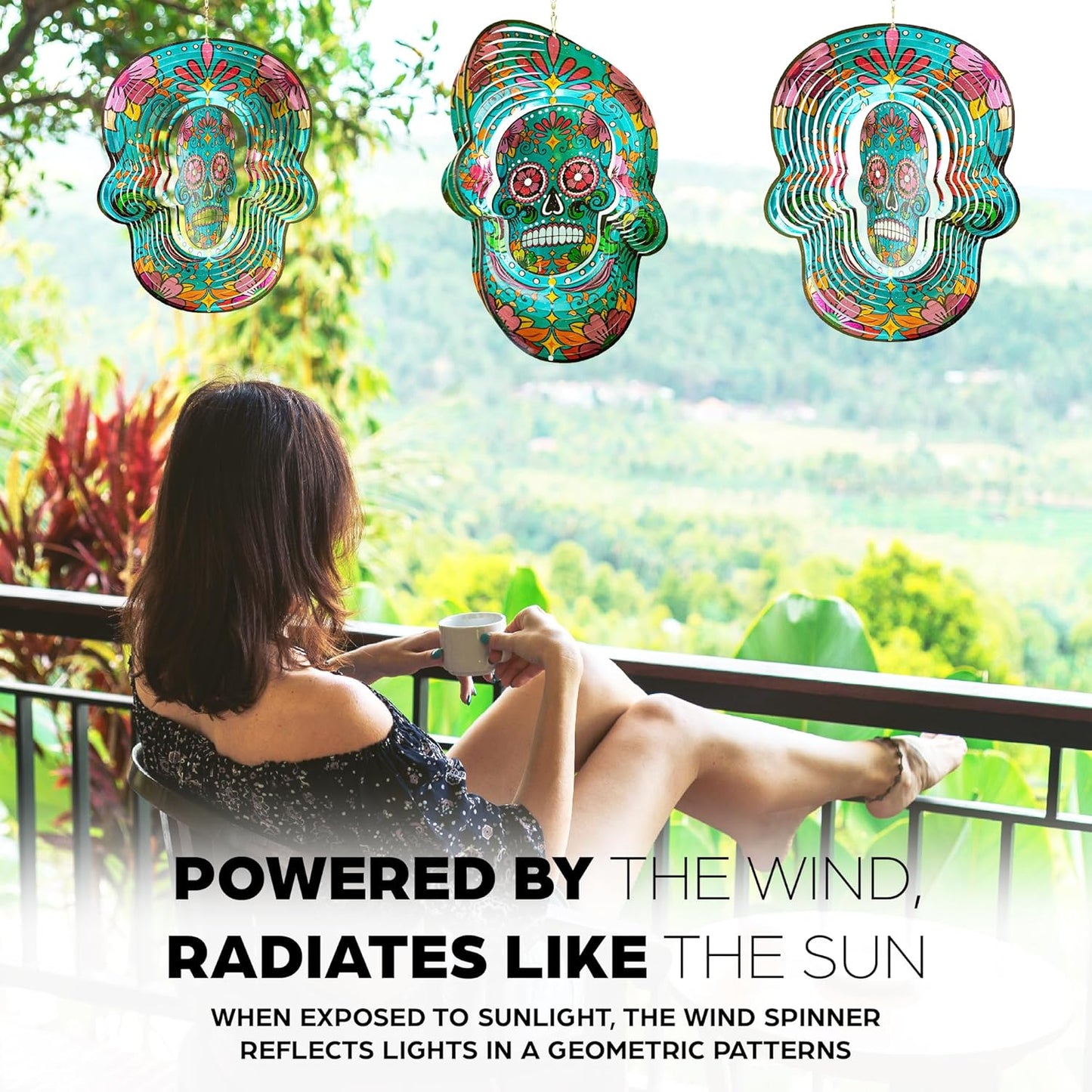 Skylar 3D Color Gradient Calavera Skull Wind Spinner, 12-Inch Day of The Dead Wind Spinners Outdoor Clearance, Kinetic Stainless Steel Decor for Patio and Home, Powered by Air