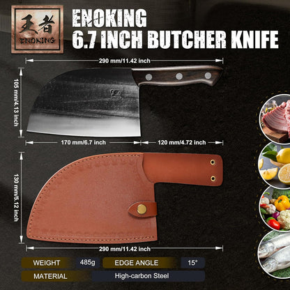 ENOKING Butcher Knife for Meat Cutting, 6.6 Inch HandForged Meat Cleaver Knife Heavy Duty Bone Chopper, High Manganese Steel Serbian Chef Knife with Leather Sheath and Full Tang Handle (Brown Handle)