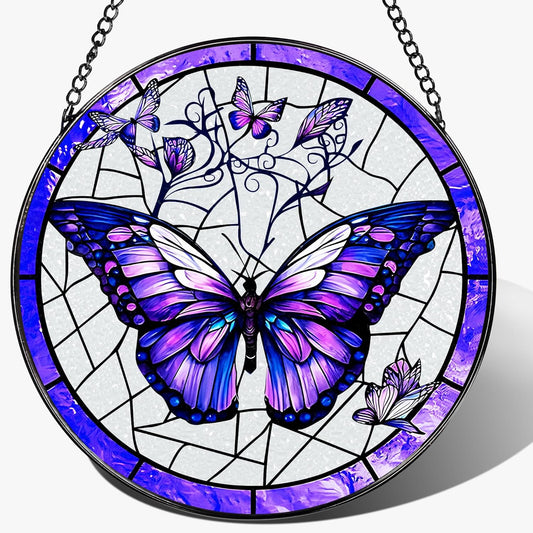 Stained Glass Window Hanging, 8 Inch Purple Butterfly Stained Glass Suncatcher, Butterfly Light