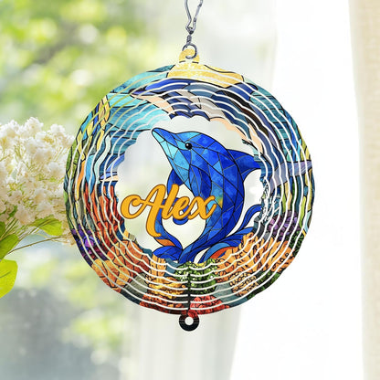 Personalized Dolphin Wind Spinner 3D Stainless Steel, Dolphin Garden Spinner Hanging Outdoor Decor, Wind Spinners Outdoor, Custom Gift for Grandmother, Mom, Wife
