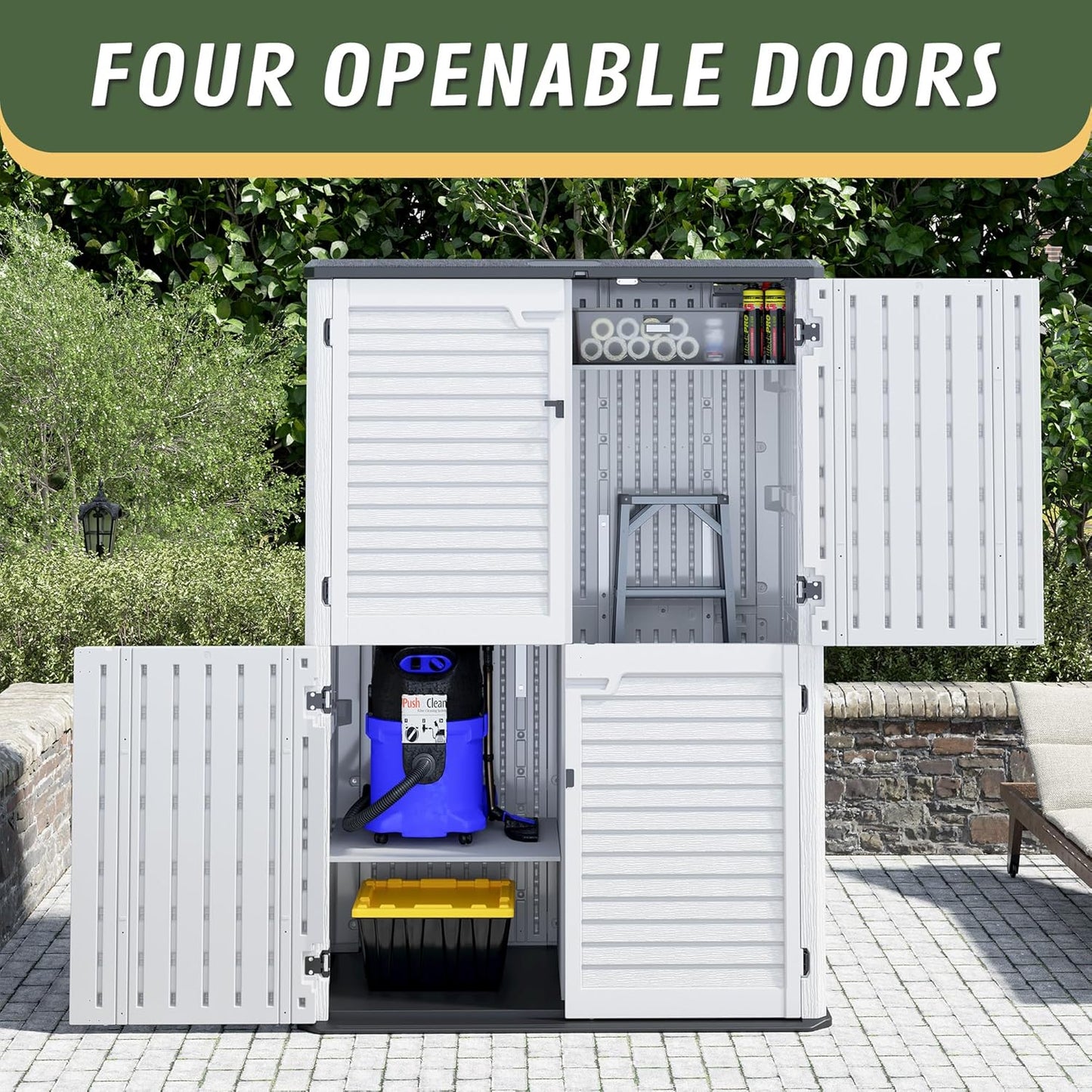 KAMABOKO Outdoor Storage Cabinet 55 Cu.Ft Outdoor Trash Can Storage Shed Waterproof Horizontal Storage Shed Outdoor Storage for Backyard, Patio, Poolside (White)