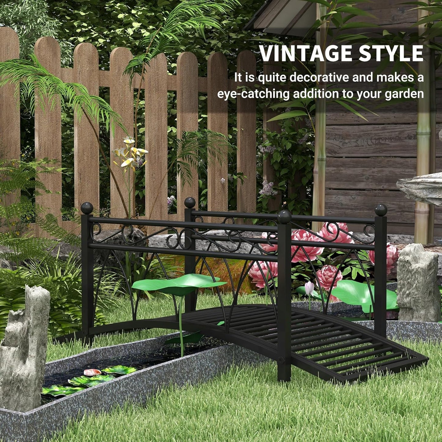 Outsunny 3.3' Metal Arch Zen Garden Bridge with Safety Siderails, Decorative Footbridge, Delicate Scrollwork & Corner Spheres for Stream, Fish Pond, Black