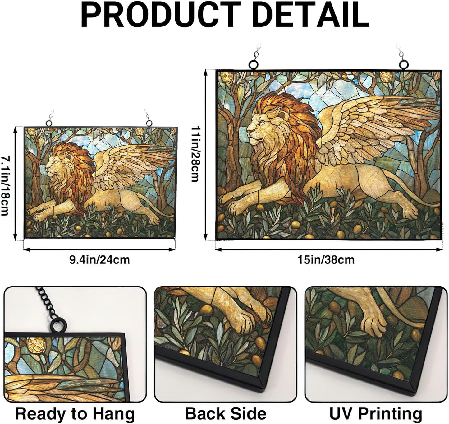 Personalized Rectangle Art Nouveau Olive Angel Lion Stained Glass Suncatcher Window Hanging, Gothic Christmas Ornaments for Fiction Lovers, Dinosaur Room Decor for Nursery New Home Gifts