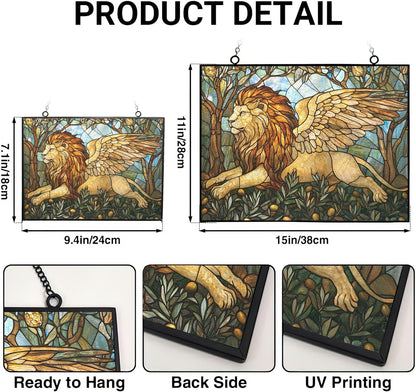 Personalized Rectangle Art Nouveau Olive Angel Lion Stained Glass Suncatcher Window Hanging, Gothic Christmas Ornaments for Fiction Lovers, Dinosaur Room Decor for Nursery New Home Gifts