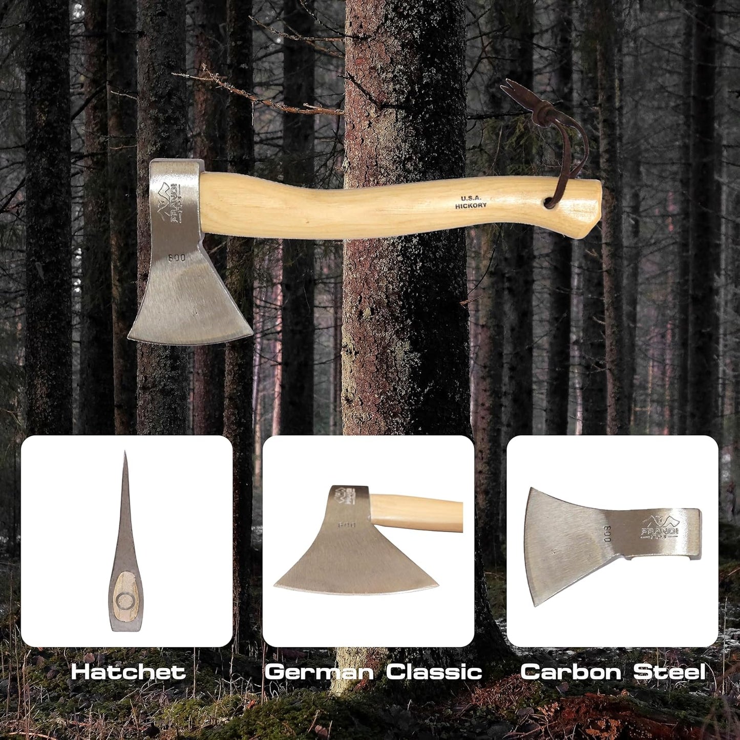 PRANDI German Hatchet 2.20lb - Hickory Handle 15.76in with Leather String - Ideal for Camping and Bushcraft - Made in Italy