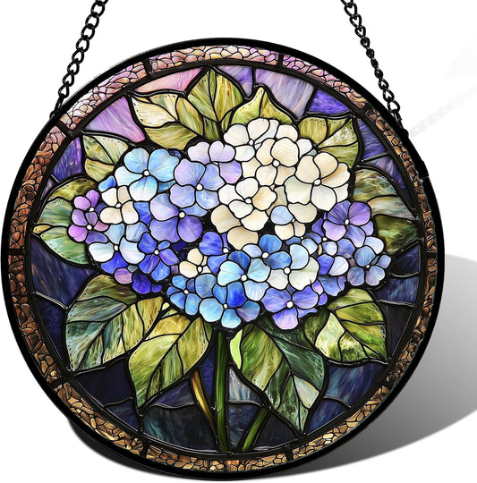 Stained Glass Window Hanging, Hydrangea Flowers Sun Catchers Diamond Glass Panel Hangings Plant