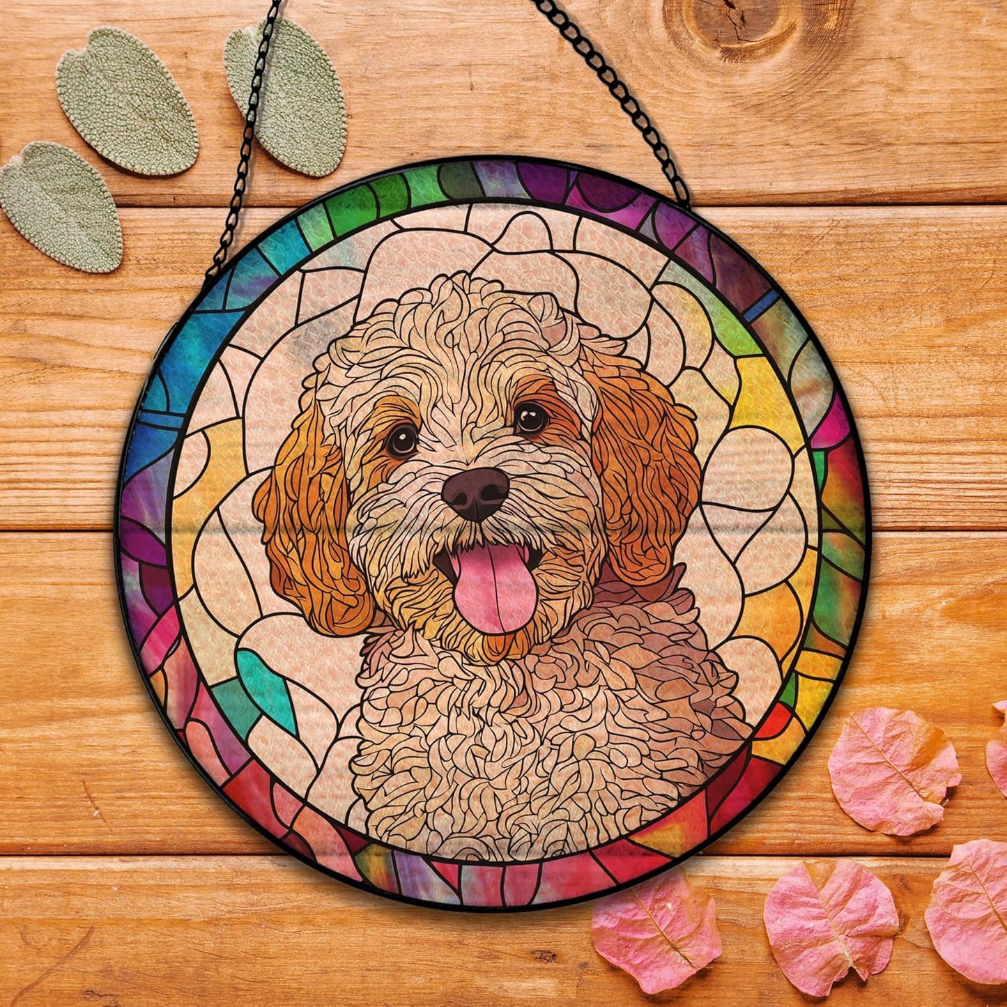Cockapoo Dog Suncatcher Stained Glass Garden Window Hanging, Cockapoo Gifts Sun Catchers Indoor Window Glass Round Wall Decor, Dog Wall Art Hanging Decorations, ＂7.8x7.8＂