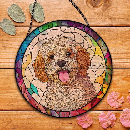 Cockapoo Dog Suncatcher Stained Glass Garden Window Hanging, Cockapoo Gifts Sun Catchers Indoor Window Glass Round Wall Decor, Dog Wall Art Hanging Decorations, ＂7.8x7.8＂