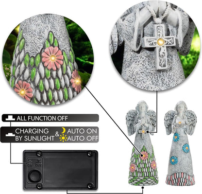 TERESA'S COLLECTIONS Angel Garden Statues with Solar Outdoor Light for Garden Decor, 2 Pack Resin Angel Grave Cemetery Decorations for Outdoor Decor, Memorial Angel Yard Decor Gifts for Mom, 11”