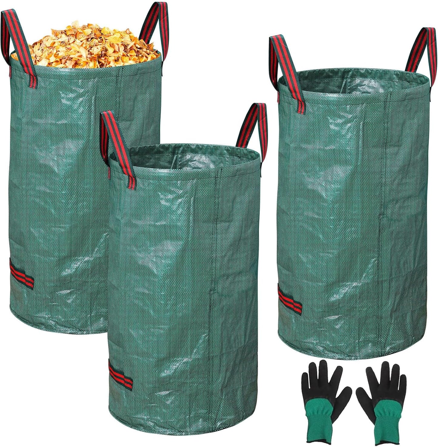3-Pack 72 Gallon Yard Waste Bags, Reusable Heavy Duty Collapsible Garden Leaf Bags with Plastic Ring,with Gardening Gloves,Stand-Up Yard Waste Bin for Leaves, Lawn Debris & Grass Clippings