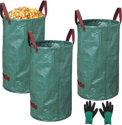 3-Pack 72 Gallon Yard Waste Bags, Reusable Heavy Duty Collapsible Garden Leaf Bags with Plastic Ring,with Gardening Gloves,Stand-Up Yard Waste Bin for Leaves, Lawn Debris & Grass Clippings