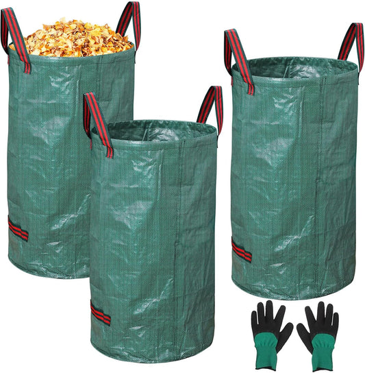 3-Pack 72 Gallon Yard Waste Bags, Reusable Heavy Duty Collapsible Garden Leaf Bags with Plastic Ring,with Gardening Gloves,Stand-Up Yard Waste Bin for Leaves, Lawn Debris & Grass Clippings