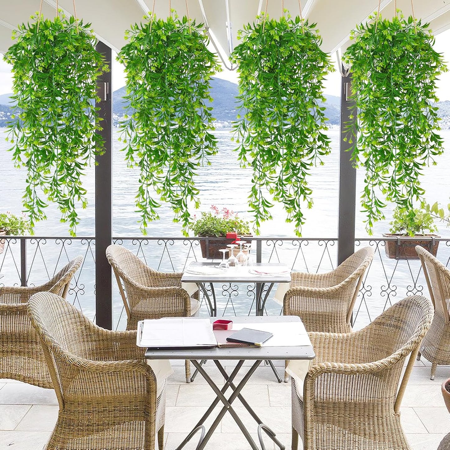 TOCHGREEN 4Pcs Artificial Hanging Plants Fern Vine, Faux Plastic Plants Fake Ivy Vine Greenery Garland with Green Flower, Outdoor Indoor Decorations for Living Room Garden Wall Home Decor (Green)
